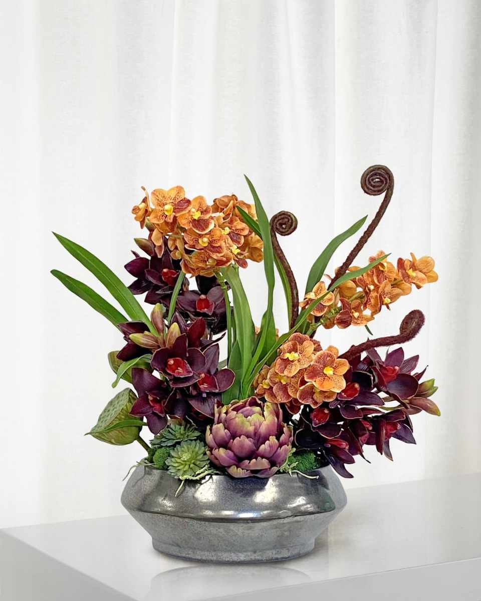 Vanda Cymbidium 20" Faux Floral Arrangement In Terracotta Bowl